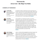 one page screen shot of Jenise Cook dba Ridge View Media Testimonials from LinkedIn